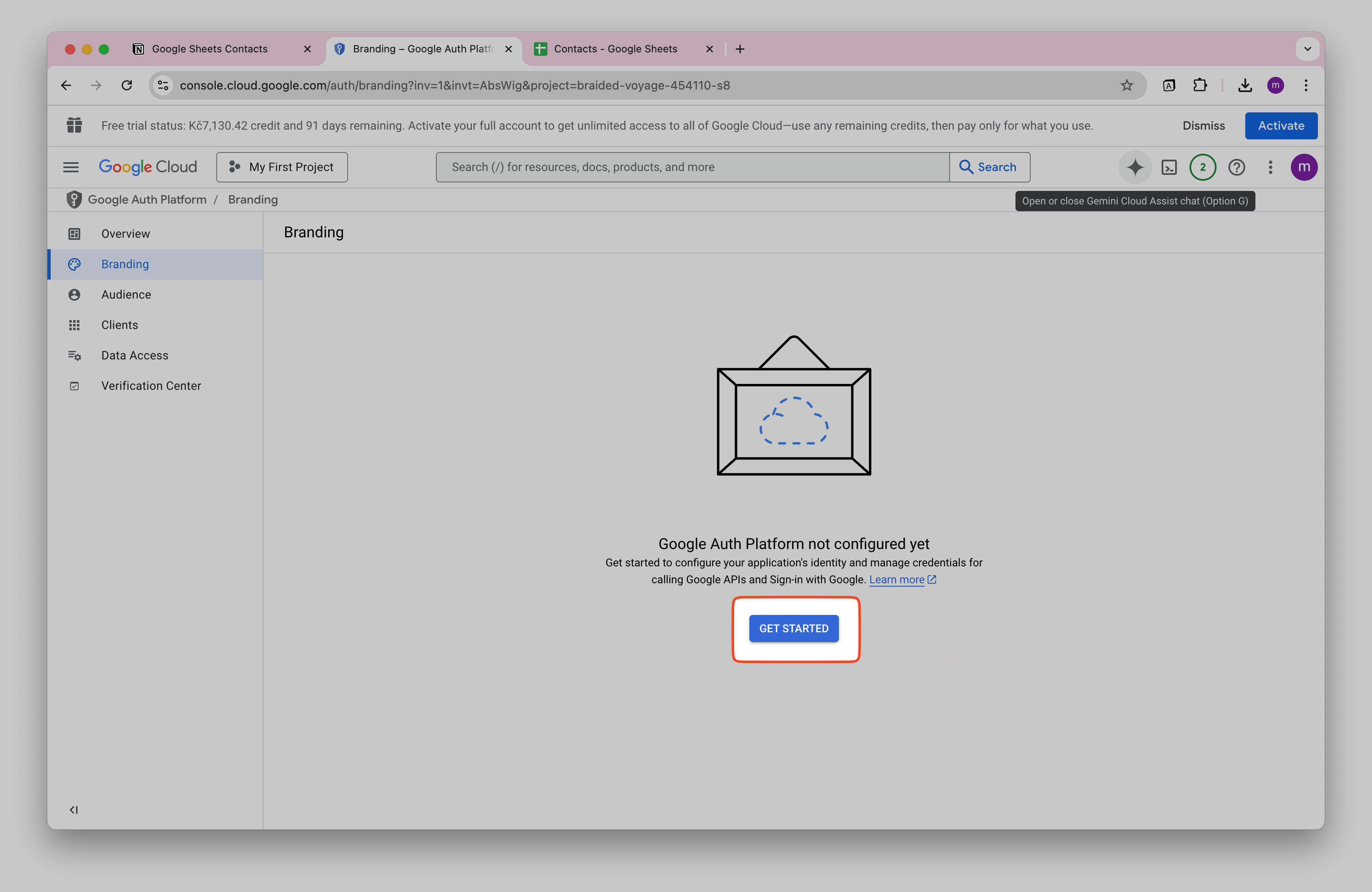 Google Cloud OAuth Consent Start