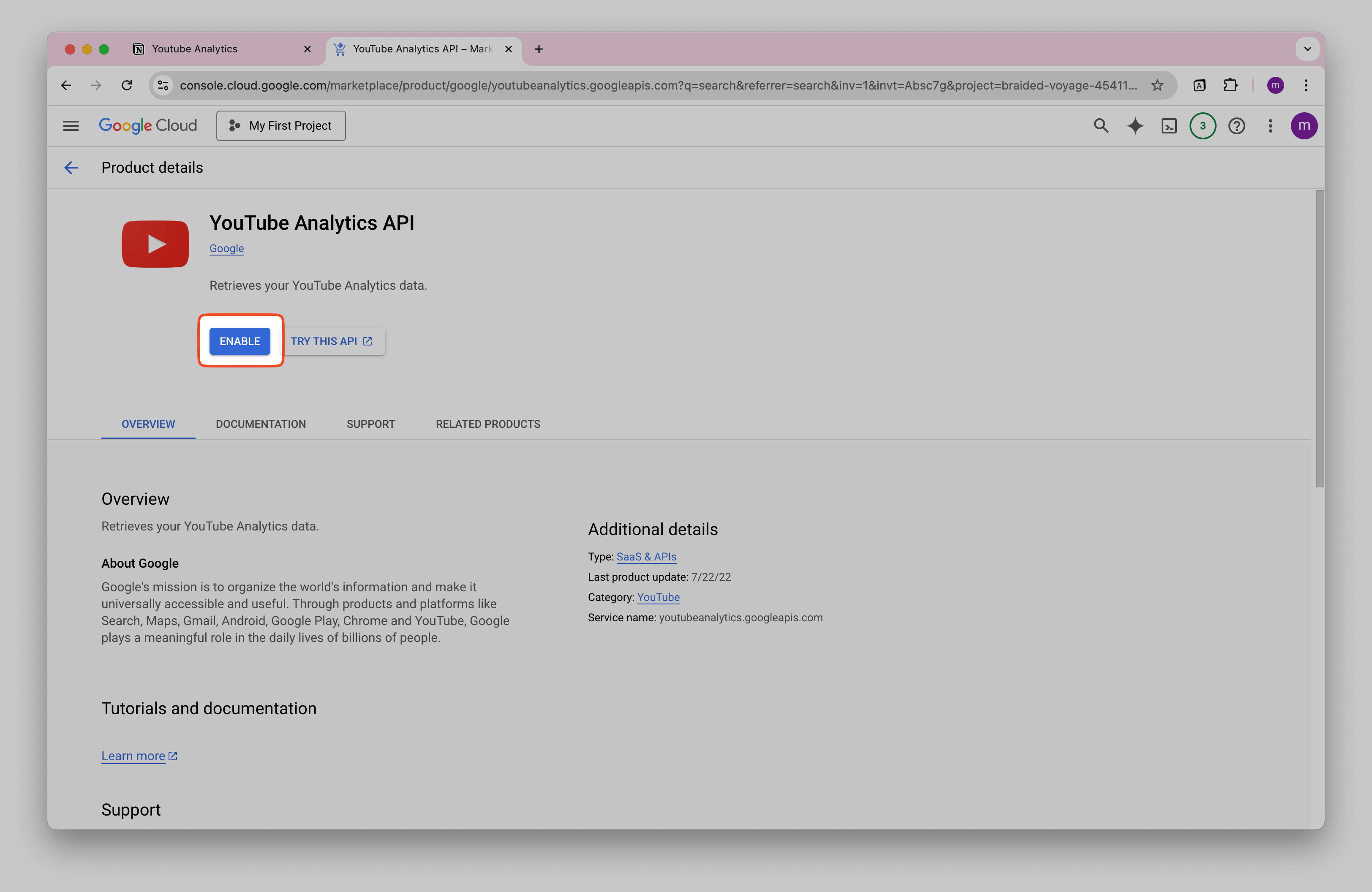 Enable Youtube Analytics API