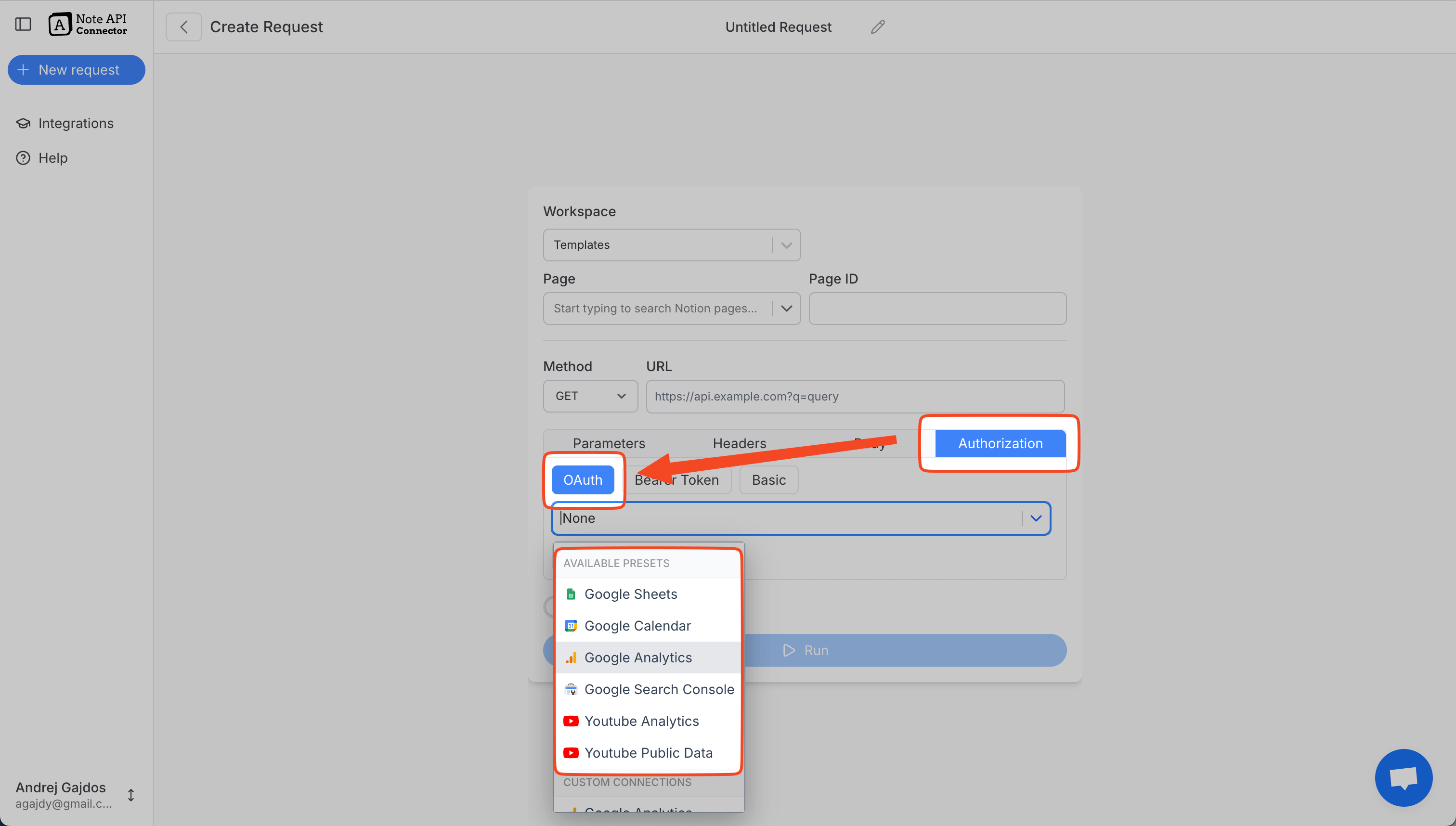 Note API Connector OAuth Preset